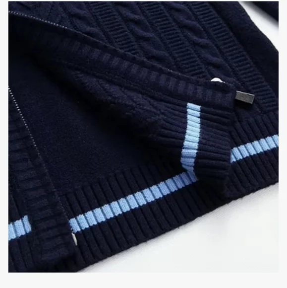 Full-Zip Cardigan Sweater, Knit Stand Collar, Sporty Casual M Blue - Picture 4 of 9